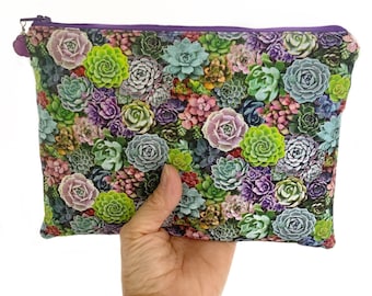 Floral makeup bag, botanical gifts, floral zipper pouch, , succulent cosmetic bag, handmade gift,  cactus purse, gift for teachers