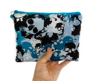 Skull make up bag, Camo travel bag, zipper pouch, blue skull cosmetic bag, canvas pouch, skull pencil case, handmade gift