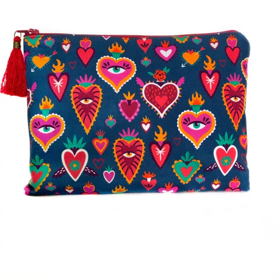 Sacred heart evil eye zipper pouch, heart and eye cosmetic bag, tattoo style,