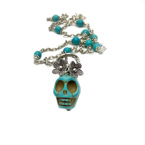 Sugar skull necklace, skull jewelry for women, edgy necklace, skull jewelry, skull turquoise