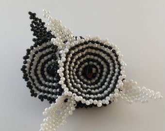 White/Black brooch. Embroidered brooch. Flower brooch.