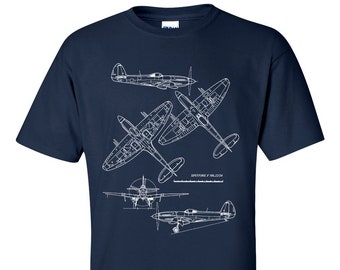 Spitfire T-Shirt, Fighter Aircraft, Technical Drawing, Blueprint WW2 RAF