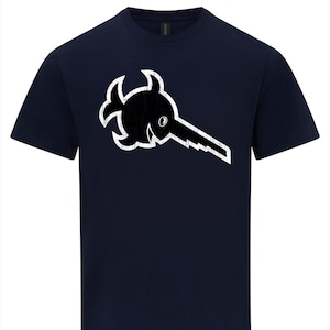 May include: A navy blue t-shirt featuring a white graphic of a cartoon fish with a saw-like nose.