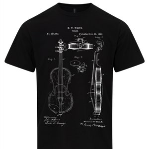May include: Black t-shirt featuring a white print of a violin patent drawing. The patent number is 350,962 and the patent date is 19 October 1886. The inventor is Maurice W. White. The text "Violin" is also included in the print.