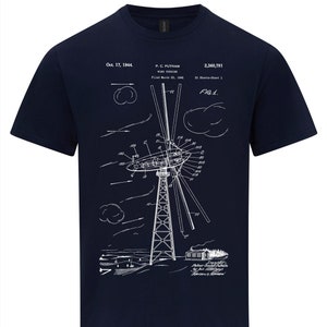 May include: A navy blue t-shirt featuring a white print of a patent drawing for a wind turbine. The patent drawing is titled "Wind Turbine" and includes the patent number 2,360,791. The patent was filed on 22 March 1941, and was granted on 17 October 1944. The drawing shows a detailed illustration of the wind turbine, including its blades, tower, and generator.