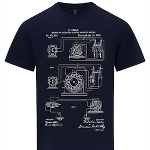 May include: A navy blue t-shirt featuring a white print of Nikola Tesla's patent for a method of operating electro magnetic motors. The patent number is 401,520 and the date is 16 April 1889. The patent drawing shows a detailed diagram of the motor.