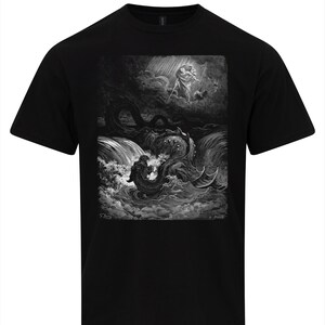 May include: Black t-shirt with a white graphic print of a scene from the Bible. The print depicts a large sea monster being subdued by a figure in the sky. The text "G. Dore" and "J. F. Millet" are visible at the bottom of the print.