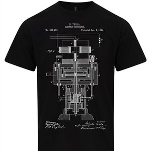 May include: Black t-shirt featuring a white print of Nikola Tesla's electric generator patent, No. 511,916, patented 2nd January 1894. The patent drawing shows a detailed diagram of the generator.