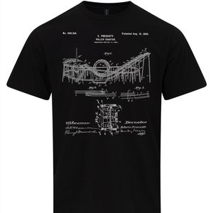May include: Black t-shirt featuring a white print of a roller coaster patent drawing. The patent is for a roller coaster invented by E. Prescott and patented on 16 August 1898. The patent number is 609,164.