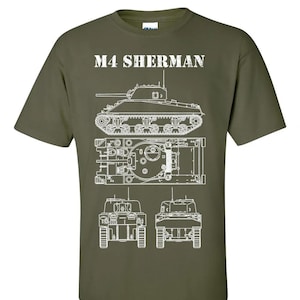 May include: A green t-shirt featuring a white outline of an M4 Sherman tank. The tank is depicted from the side, top, and front perspectives. The text "M4 SHERMAN" is printed on the shirt.
