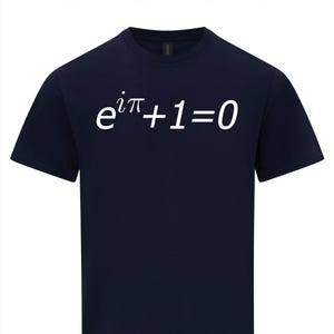 May include: A navy blue t-shirt with the mathematical equation "e^(i*pi) + 1 = 0" printed in white on the front.