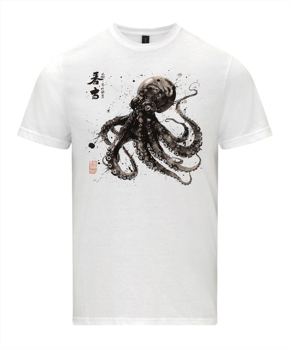 Octopus T-Shirt: Japanese Calligraphy Gyotaku Art, Marine Life Tee