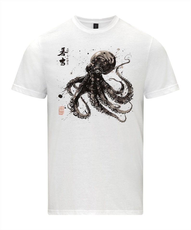 Octopus T-Shirt , Japanese Calligraphy, Kanji Gyotaku White Shirt