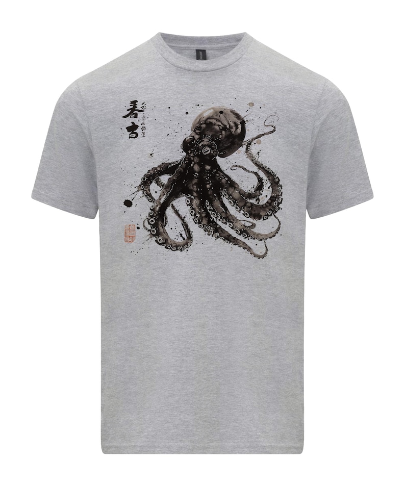 Octopus T-Shirt , Japanese Calligraphy, Kanji Gyotaku grey Shirt