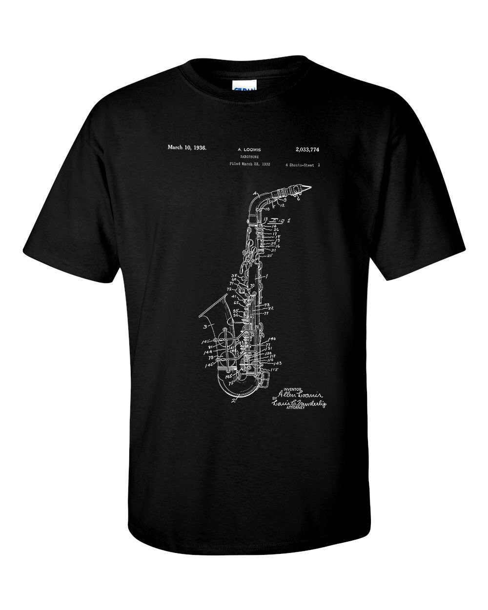 Image of Saxophone Patent Blueprint Musical Instrument Music T-Shirt