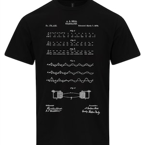 May include: Black t-shirt featuring a white print of Alexander Graham Bell's patent for the telephone, No. 174,465, patented 7th March 1876. The patent includes diagrams and text describing the invention.