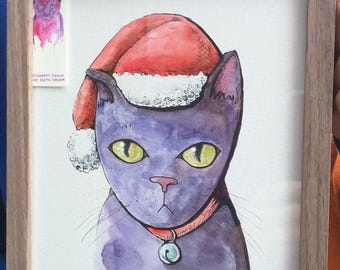 Framed ORIGINAL WATERCOLOUR, Grumpy Cat, Magical Christmas collection. Original illustration for cat and Christmas lovers. Cat + Santa hat