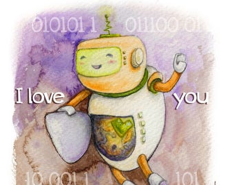 I LoveYou. GREETING CARD + ENVELOPE, Cats & Robots collection. Original design for Cat and Robot lovers. Surprise someone with a card.
