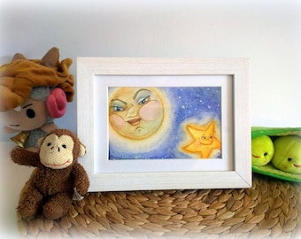 Original SMALL ART/ACEO watercolour painting. Nursery. Soft and cute decoration: Moon, cat, butterfly and rabbit. Lovely animals