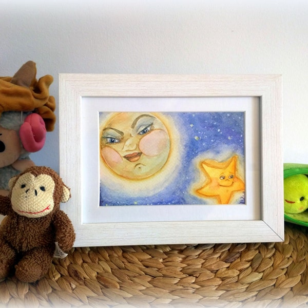 Ursprüngliche KLEINE KUNST/ACEO-Aquarell-Malerei. Kindergarten. Weich und süß Dekoration: Mond, Katze, Schmetterling und Kaninchen. Schöne Tiere