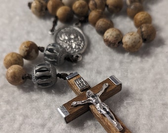 Stone and Metal Sorrowful Mysteries Rosary handmade with an Italian wood crucifix.