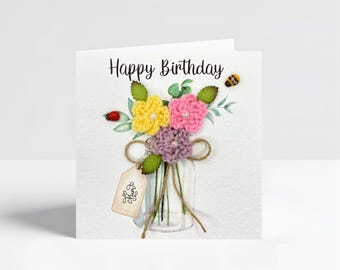 Handmade Mum Birthday Card, 3D Crocheted Flowers, Keepsake Gift, Ladybug Bee Embellishments