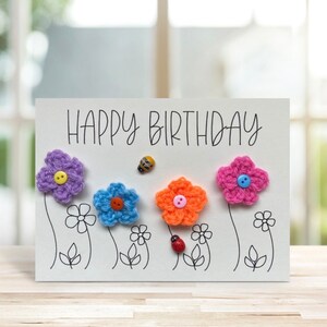 Flower birthday card for her, mum, friend, sister, 3D crocheted flowers, birthday gift for her