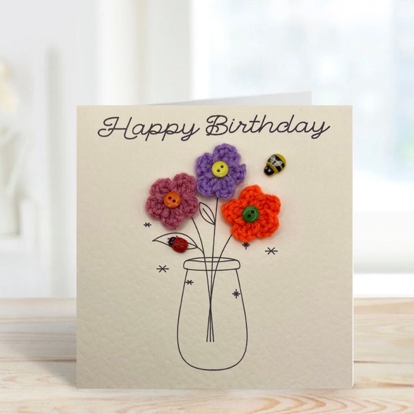 Flower birthday card for her, mum, friend, sister, 3D crocheted flowers, birthday gift for her, 10 designs to choose from.