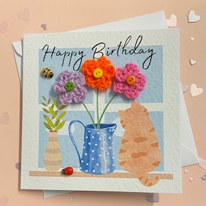 Cat birthday card. Cute cat card. Birthday card for cat owner. Flower birthday card. Crocheted 3D card, Card for her, mum, sister, friend