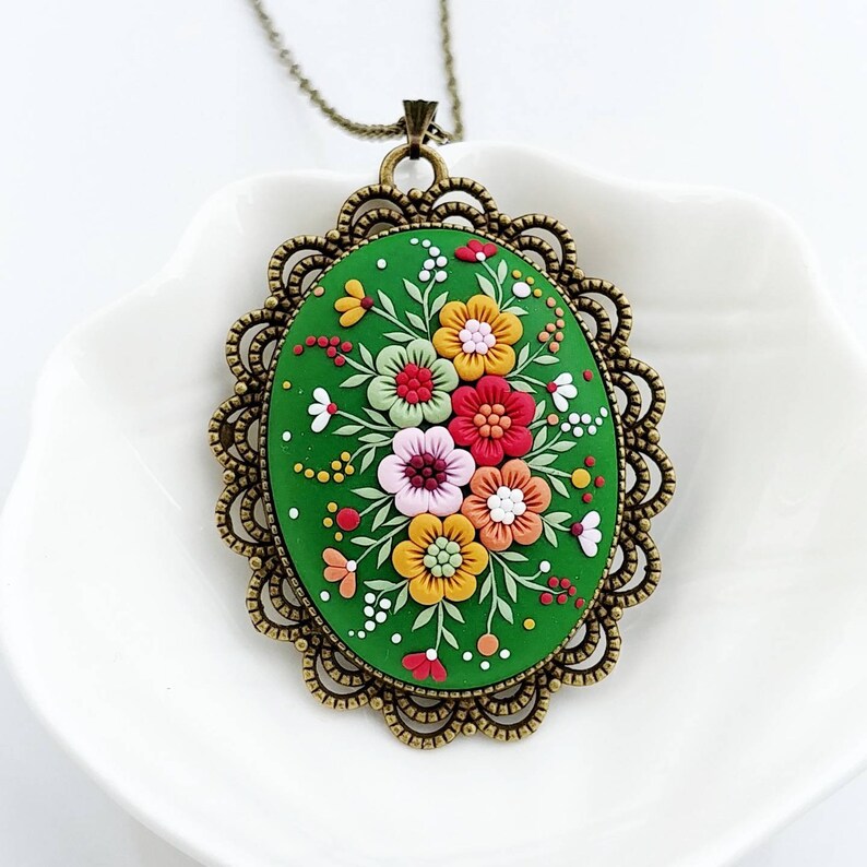 Folklore Style mother/'s day Whimsical Jewelry Folksy Floral Pendant Floral Necklace Clay Pendant Handsculpted Pendant Vintage Pendant