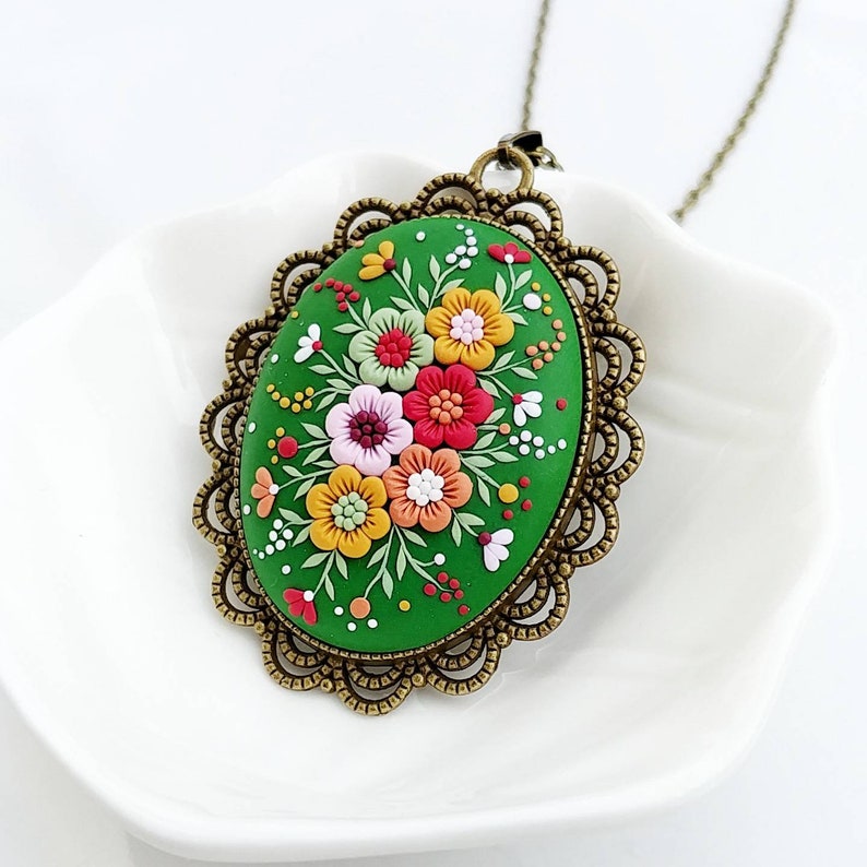 Folklore Style mother/'s day Whimsical Jewelry Folksy Floral Pendant Floral Necklace Clay Pendant Handsculpted Pendant Vintage Pendant