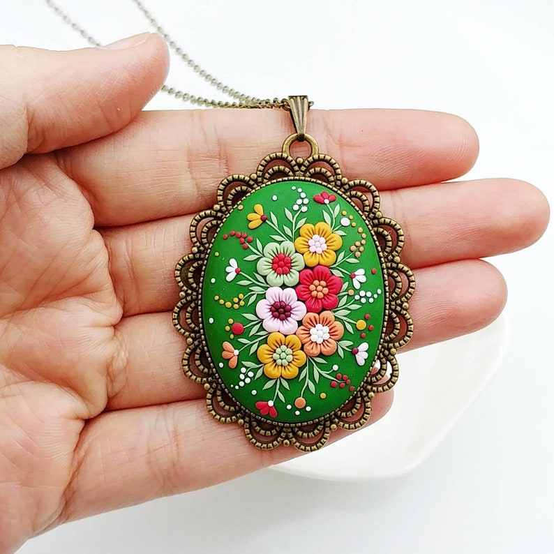 Folklore Style mother/'s day Whimsical Jewelry Folksy Floral Pendant Floral Necklace Clay Pendant Handsculpted Pendant Vintage Pendant
