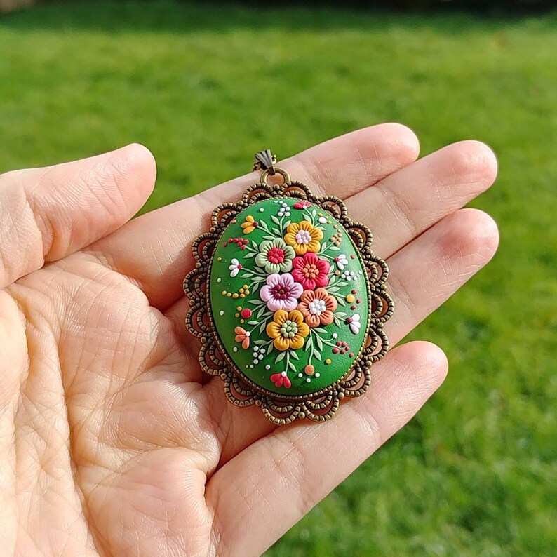 Folklore Style mother/'s day Whimsical Jewelry Folksy Floral Pendant Floral Necklace Clay Pendant Handsculpted Pendant Vintage Pendant