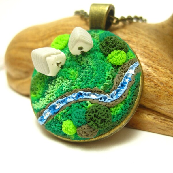 Green Village / Forest Houses  Handmade Unique Polymer Clay Necklace in Bronze Cameo Setting