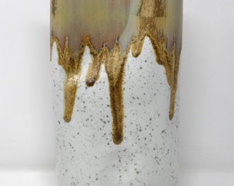 Sgrafo Vintage Mid Century Glossy White & Golden Green-ish Drip Organic West German Vase