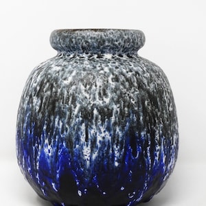 Scheurich Vintage Mid Century Large Glossy Navy Blue & White Black Electric Blue Fat Lava West German Round Vase