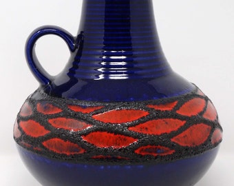 Fohr Vintage Mid Century Glossy Navy Blue & Red West German Vase