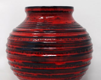 Carstens Vintage Mid Century XL Red & Navy Blue Incised West German Round Vase