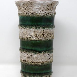 Strehla Vintage Mid Century Beige Fat Lava & Emerald Green East German Cylinder Vase