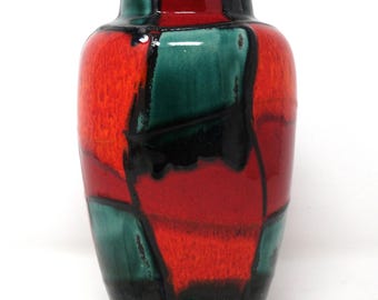 Scheurich Vintage Mid Century Glossy Red Orange Green Black Fat Lava West German Vase