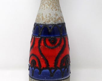 Carstens X-Tall Vintage Mid Century Red Blue & White Fat Lava West German Vase