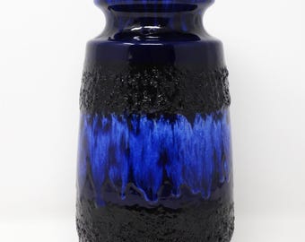 Scheurich Vintage Mid Century Glossy Blue & Black Fat Lava West German Vase