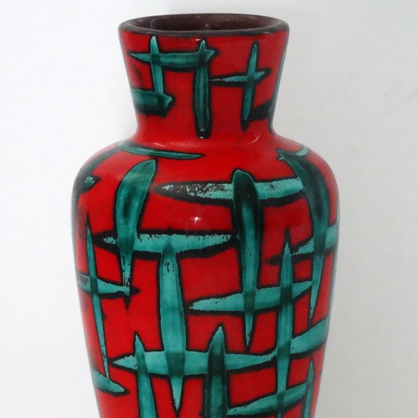 Scheurich Vintage Mid Century Glossy Red & Green "Bamboo" West German Vase