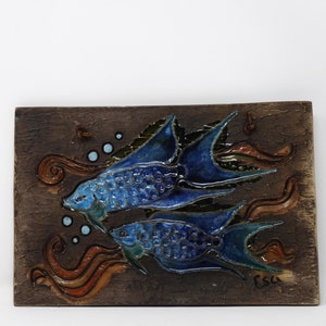 Swedish Tilgmans Vintage Mid Century Brown & Blue Fish Wall Keramik