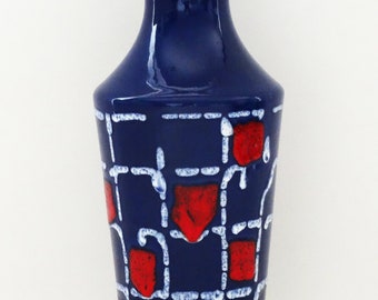 Ilkra Vintage Mid Century Glossy Navy Blue White & Red Windowpane West German Vase