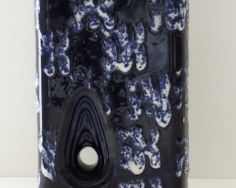 ES Keramik Vintage Mid Century Navy Blue & White Fat Lava West German Chimney Vase