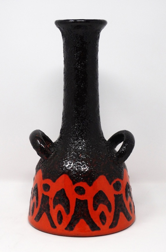 ES Keramik Vintage Mid Century Orange & Black Fat Lava West Germany Vase