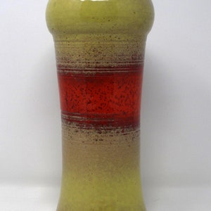 Studio Italian Vintage Mid Century Glossy Yellowish Green & Red/Orange Ceramic Vase