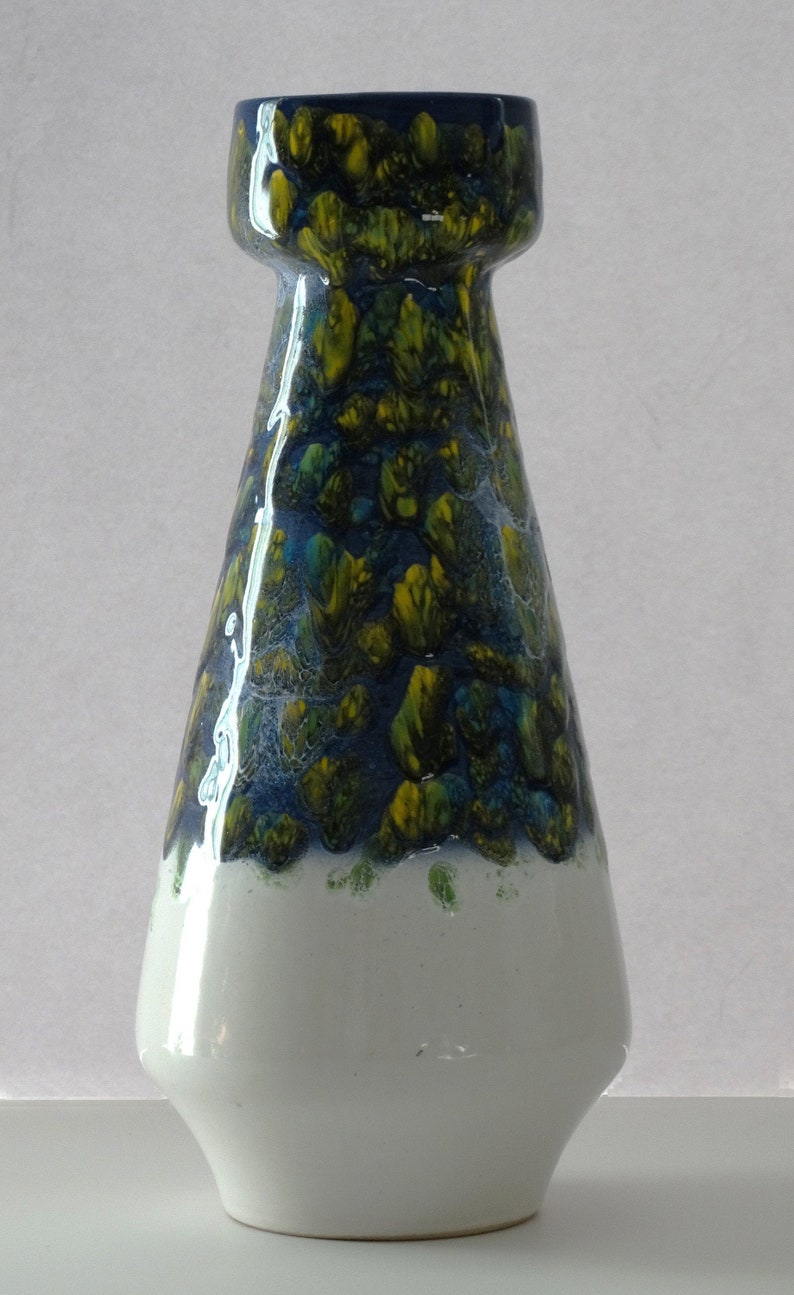D\u00fcmler /& Breiden Mid Century X Tall White Blue Yellow Fat Lava West German Vase