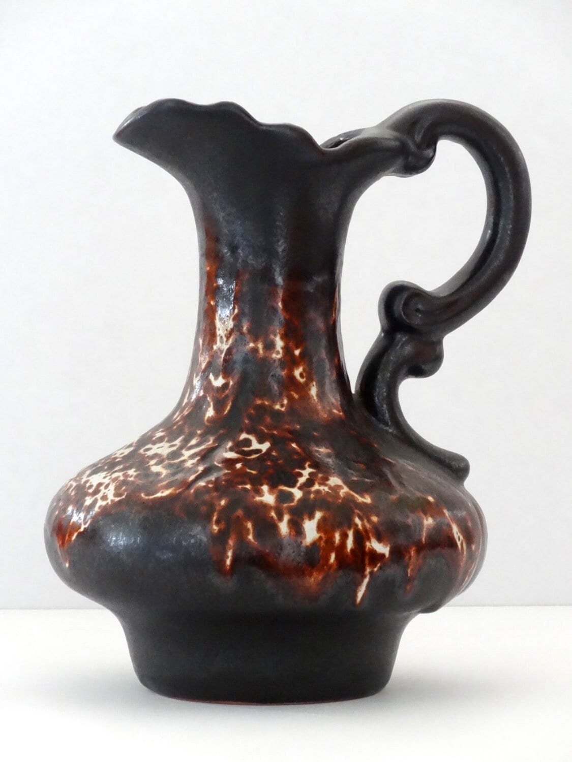 Walther Gerhard Vintage Mid Century Chocolate Brown & White Fat Lava West German Vase